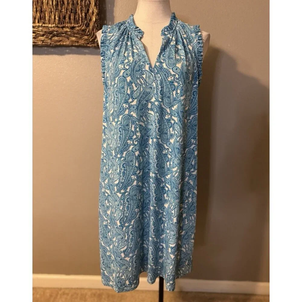 Michael Kors Shift Dress 1X Blue White Paisley Sleeveless Stretch Career Church